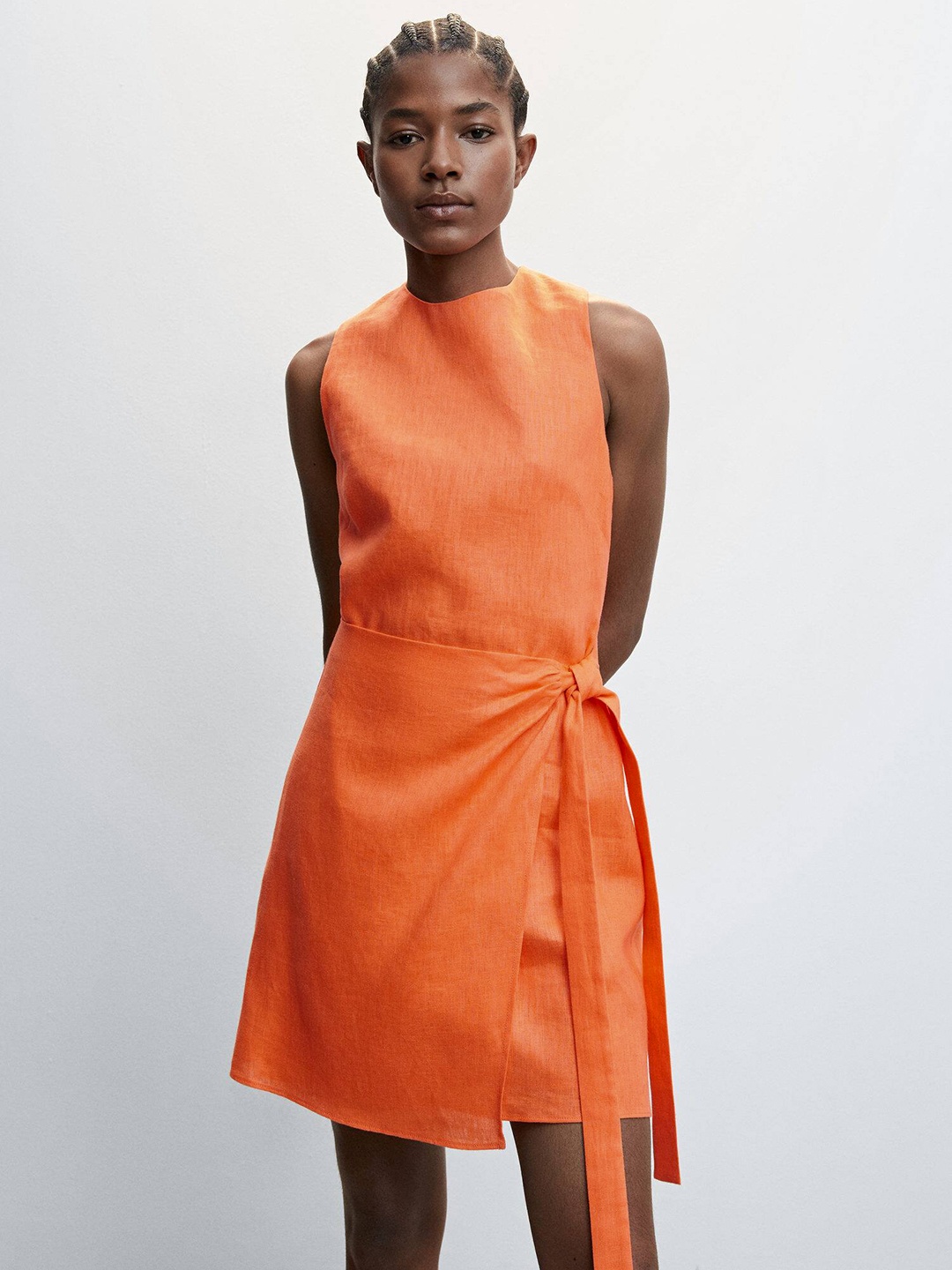 

MANGO Orange Linen A-Line Dress