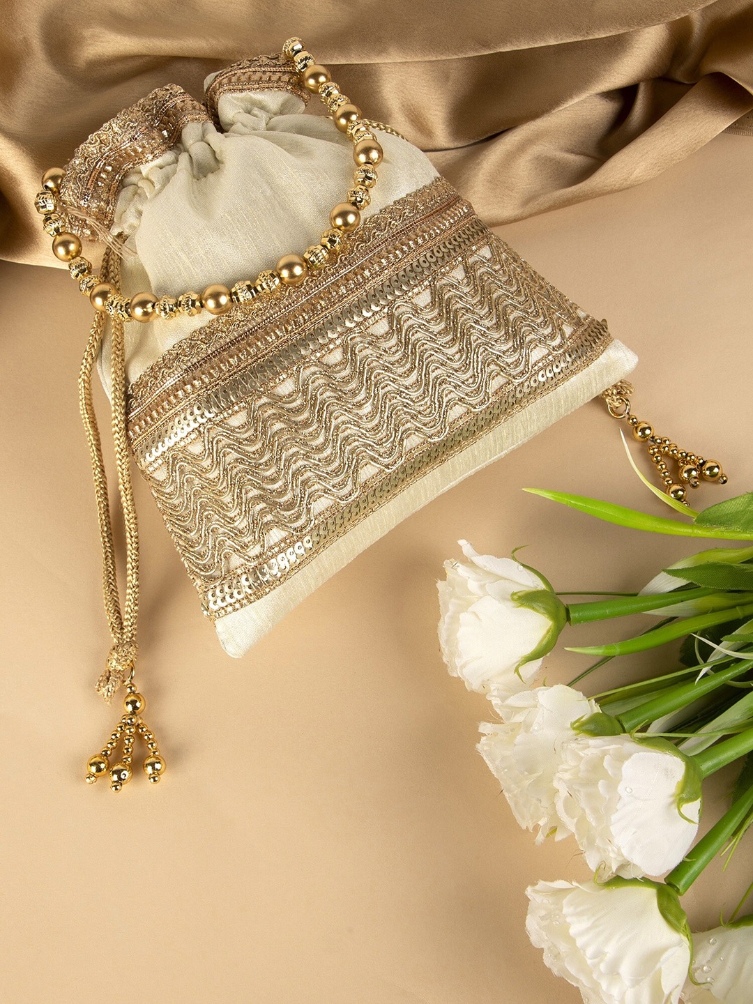 

Aditi Wasan Embroidered Potli Clutch, Beige