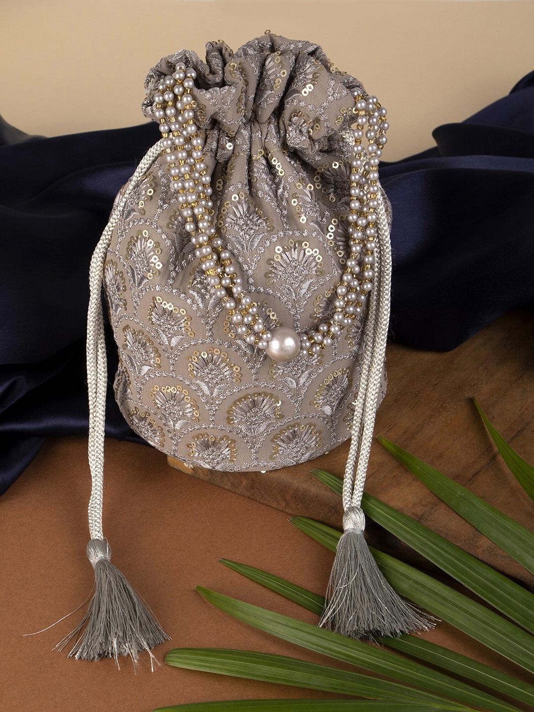 

Aditi Wasan Embellished Potli Clutch, Grey