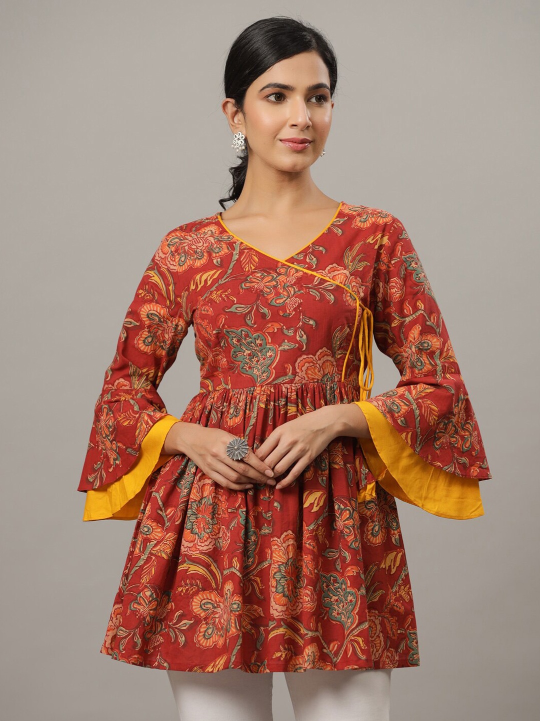 

Indian Virasat Floral Printed Bell Sleeve Pure Cotton Longline Empire Top, Red