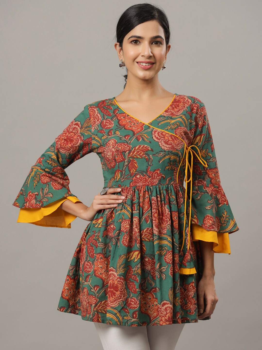 

Indian Virasat Floral Printed Bell Sleeve Pure Cotton Longline Empire Top, Green