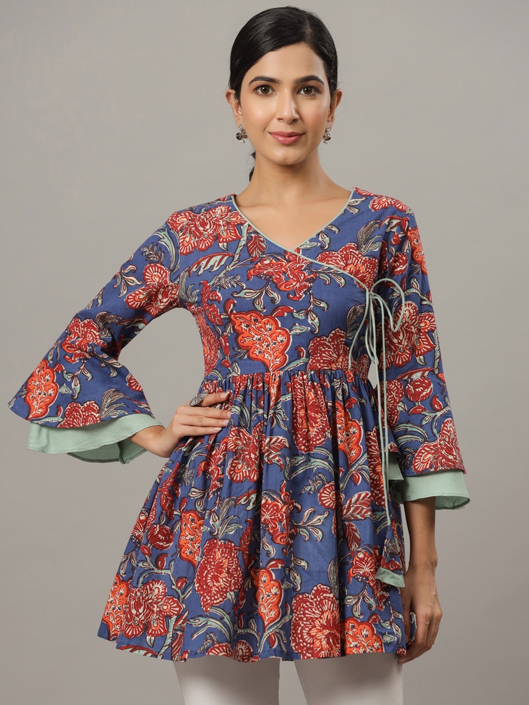 

Indian Virasat Floral Printed Bell Sleeve Pure Cotton Longline Empire Top, Blue