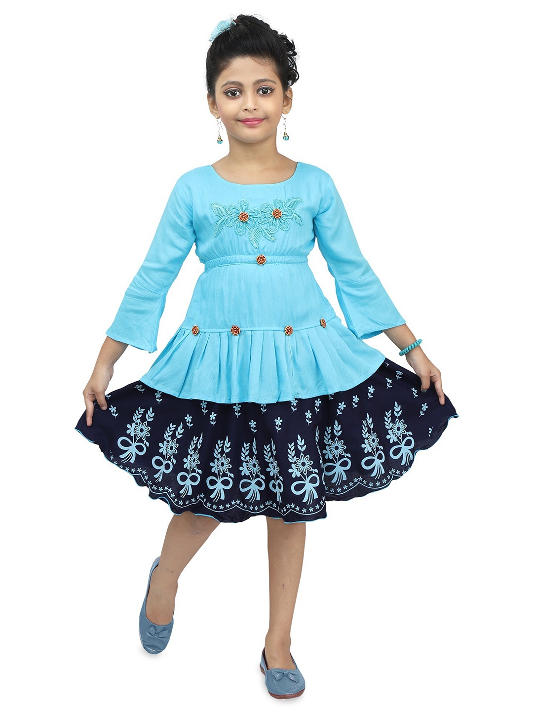

BAESD Girls Round Neck Printed Top with Skirt, Blue