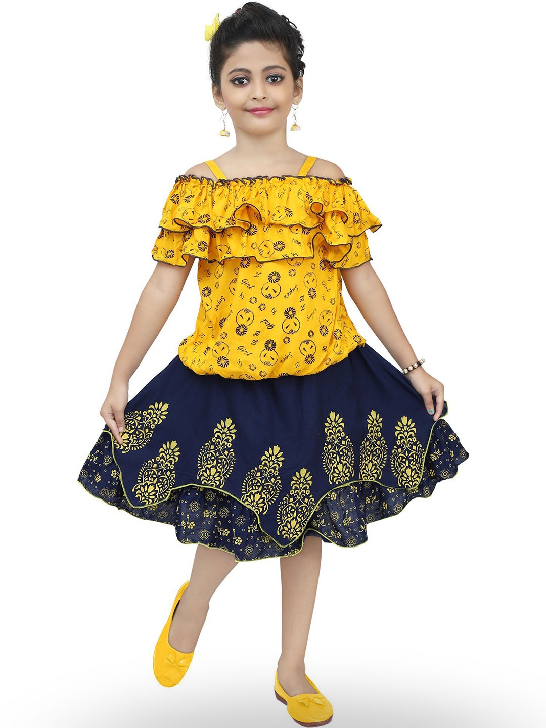 

BAESD Girls Printed Shoulder Straps Top With Skirt, Yellow