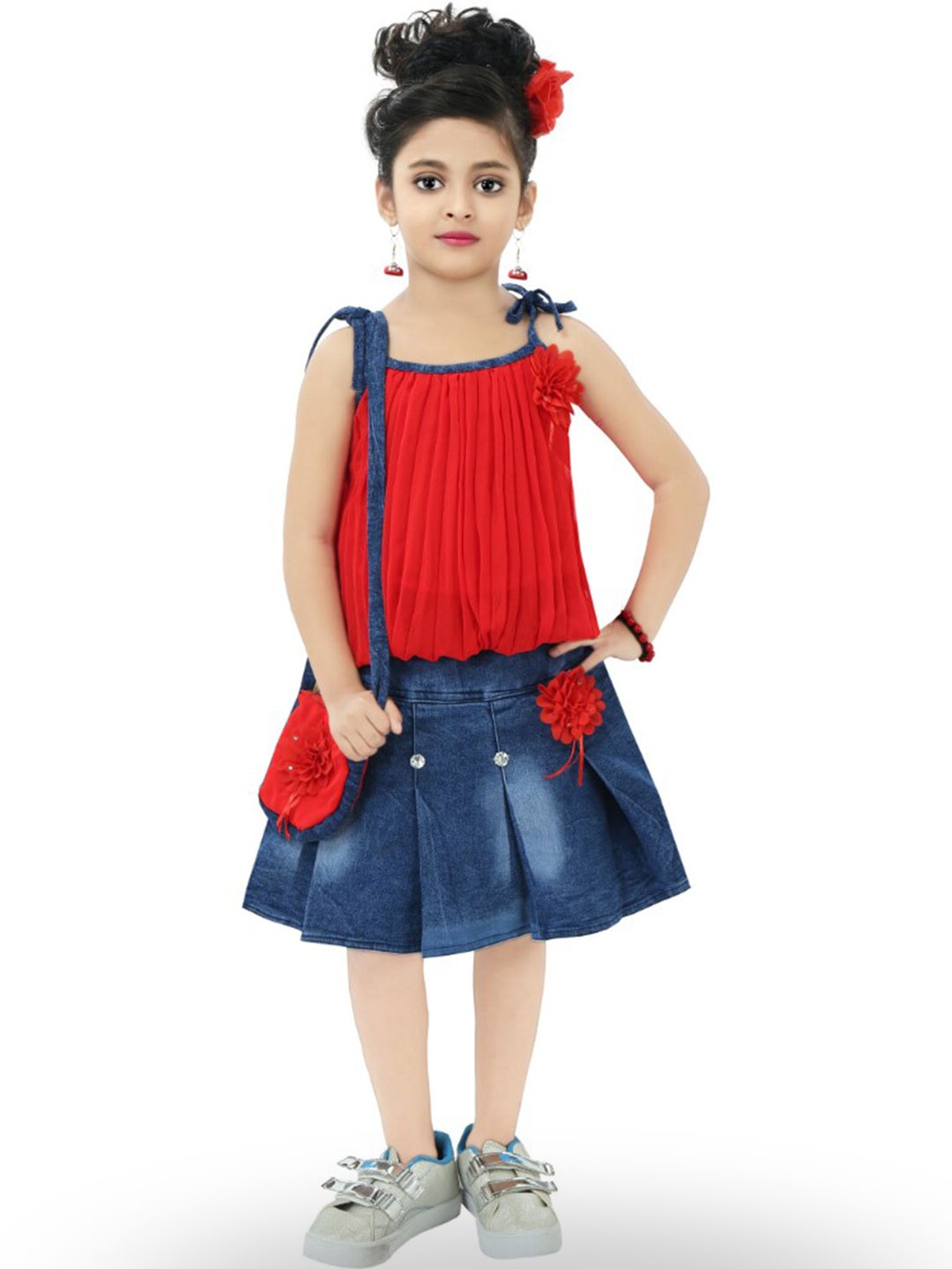 

BAESD Girls Shoulder Straps Top & Skirt With Slingbag, Red