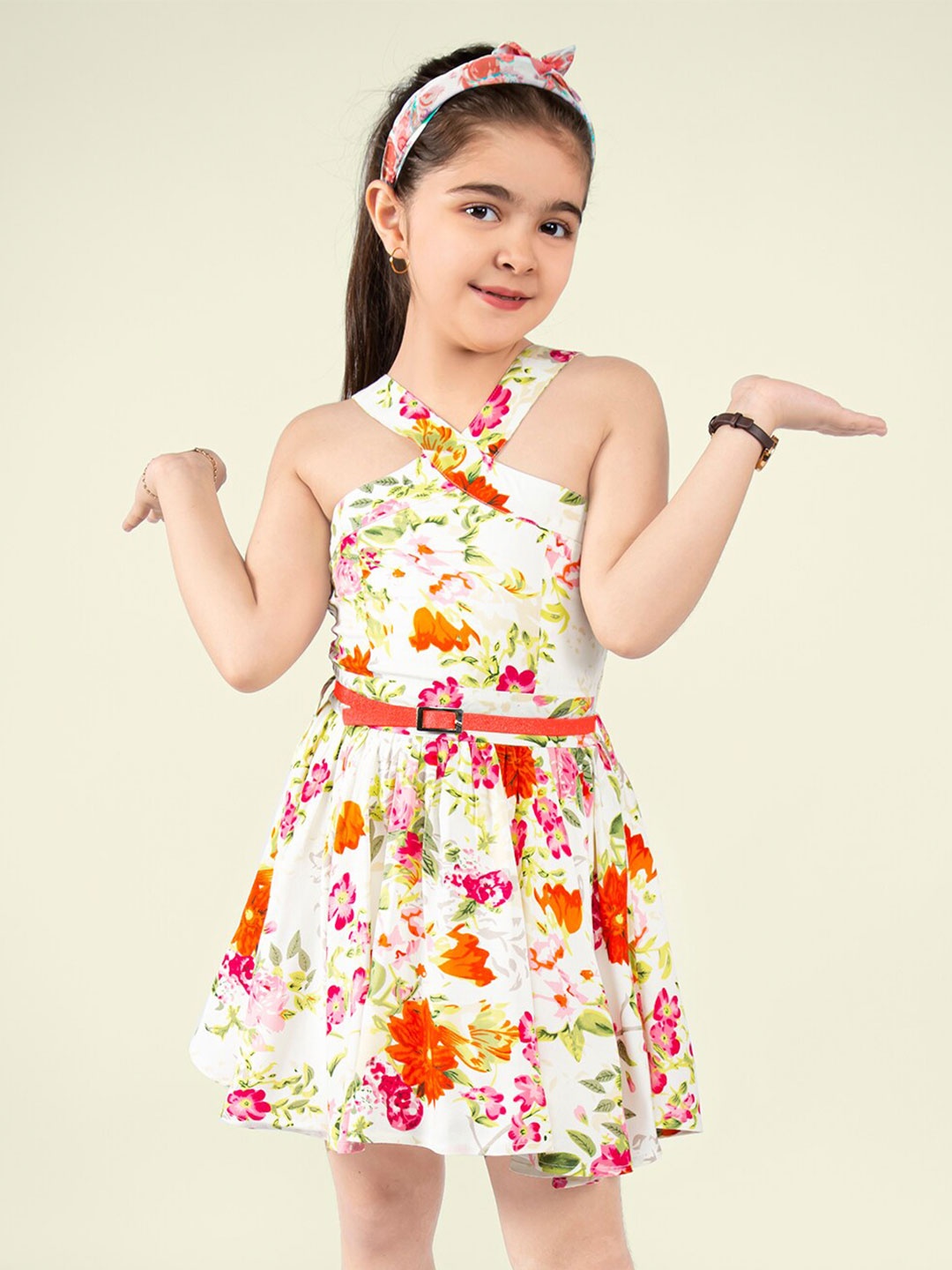 

Naughty Ninos Girls Floral Printed Fit & Flare Dress With Belt, White