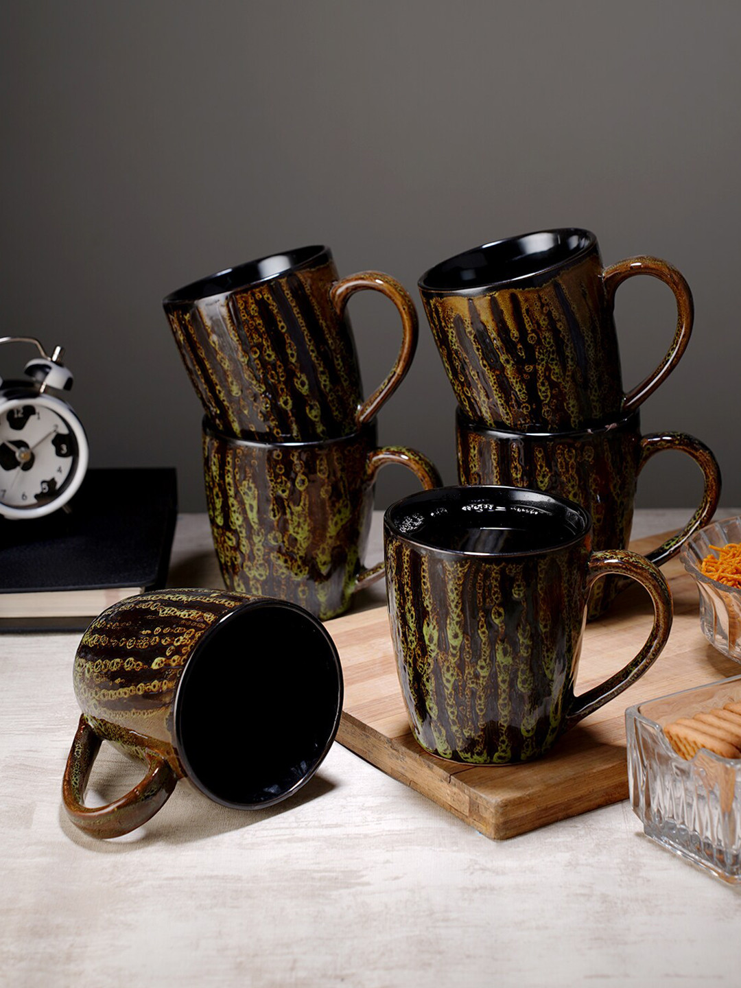 

CDI Green 6 Pieces Printed Ceramic Glossy Coffee Mugs 350 ml Each