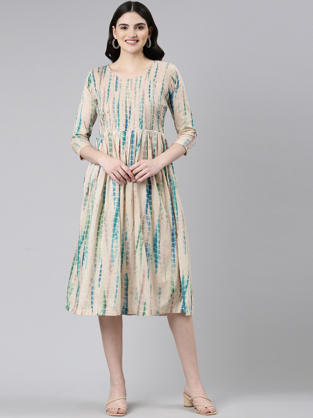 

FOLDSTROMS Abstract Printed Smoking Cotton A-Line Ethnic Dresses, Beige