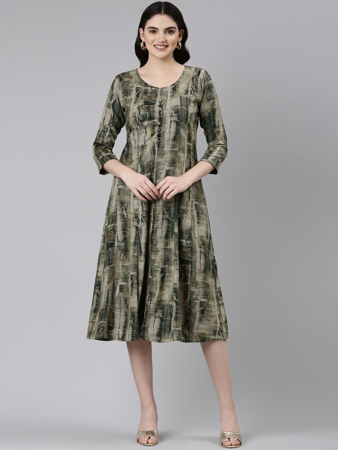 

GOLDSTROMS Abstract Printed A-Line Ethnic Dress, Green