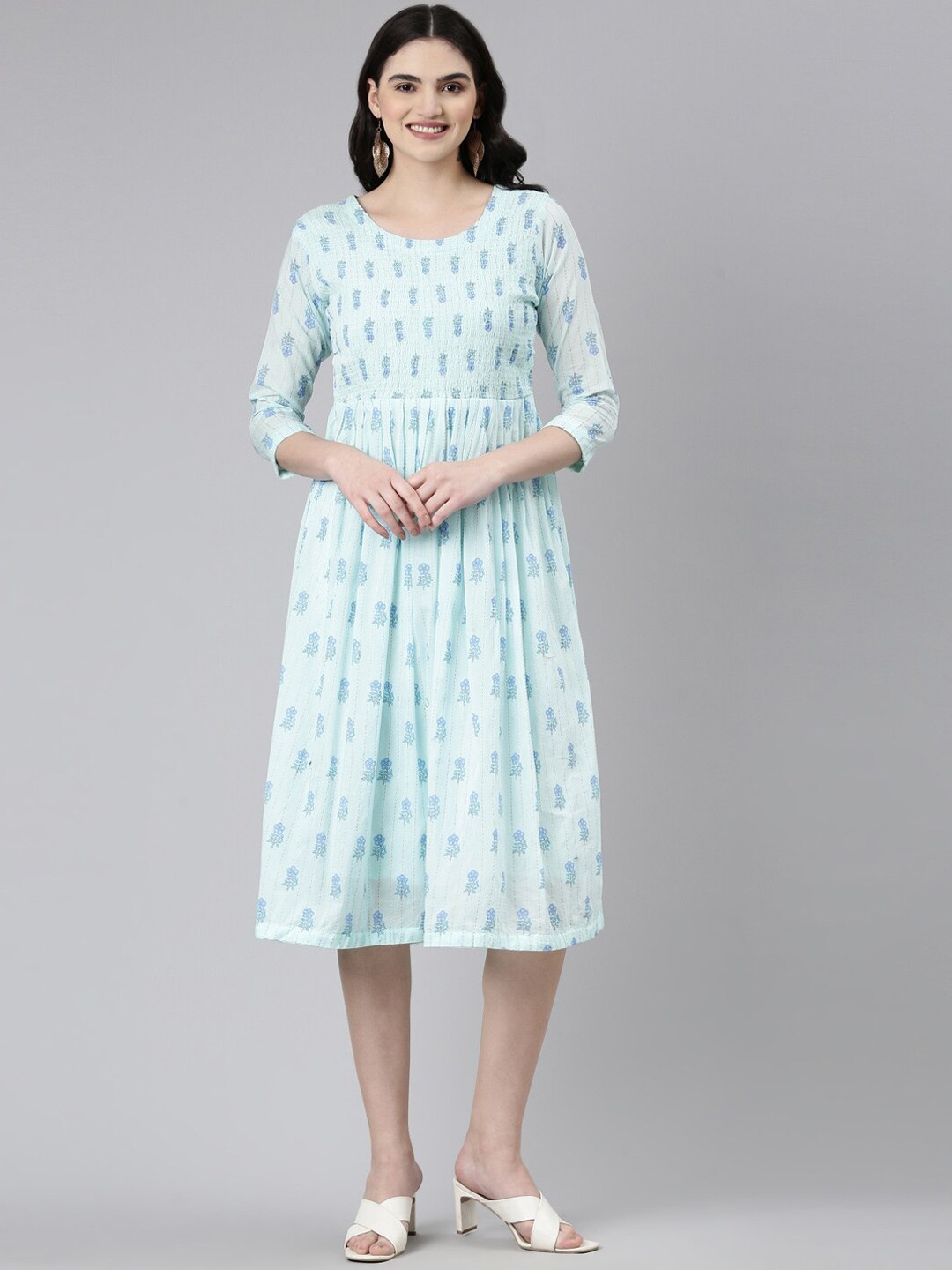 

GOLDSTROMS Printed Smoking Cotton Ethnic Dress, Blue