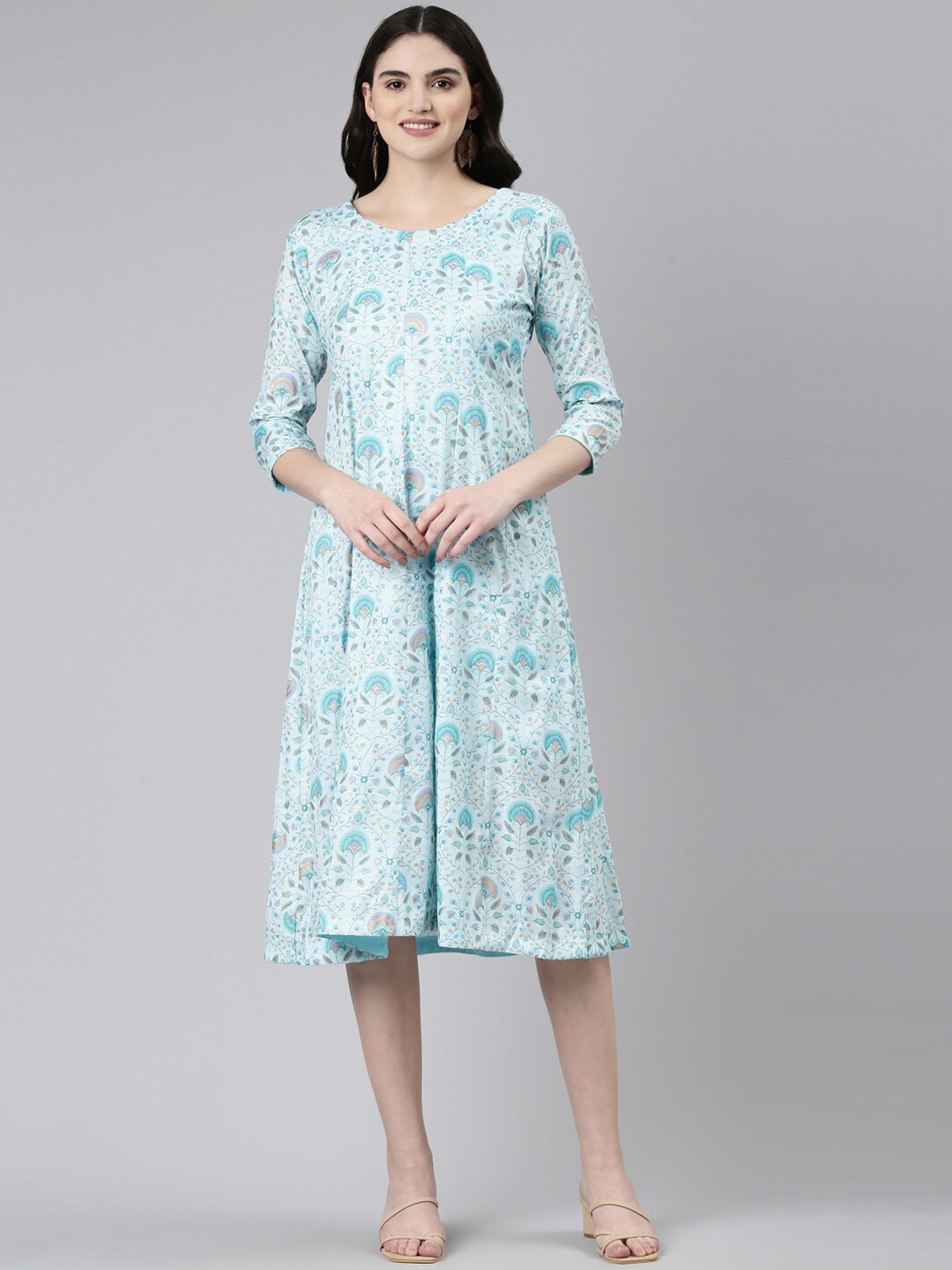 

GOLDSTROMS Floral Printed A-Line Ethnic Dress, Sea green