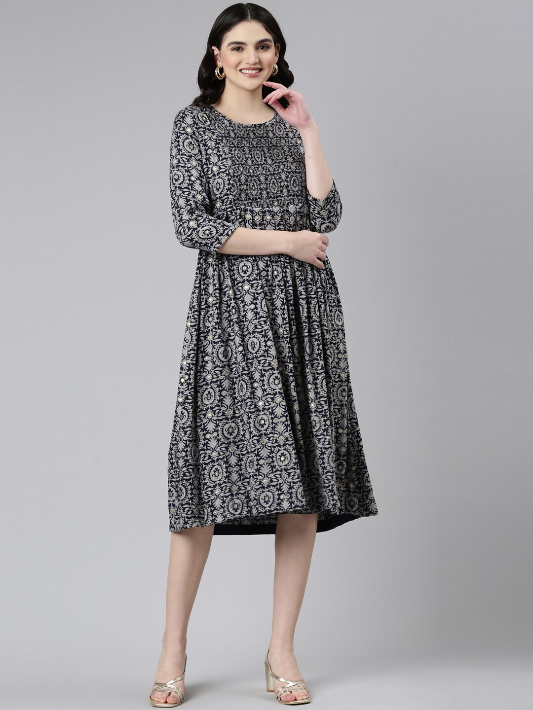 

GOLDSTROMS Ethnic Motif Printed Smocking Fit & Flare Ethnic Dresses, Navy blue