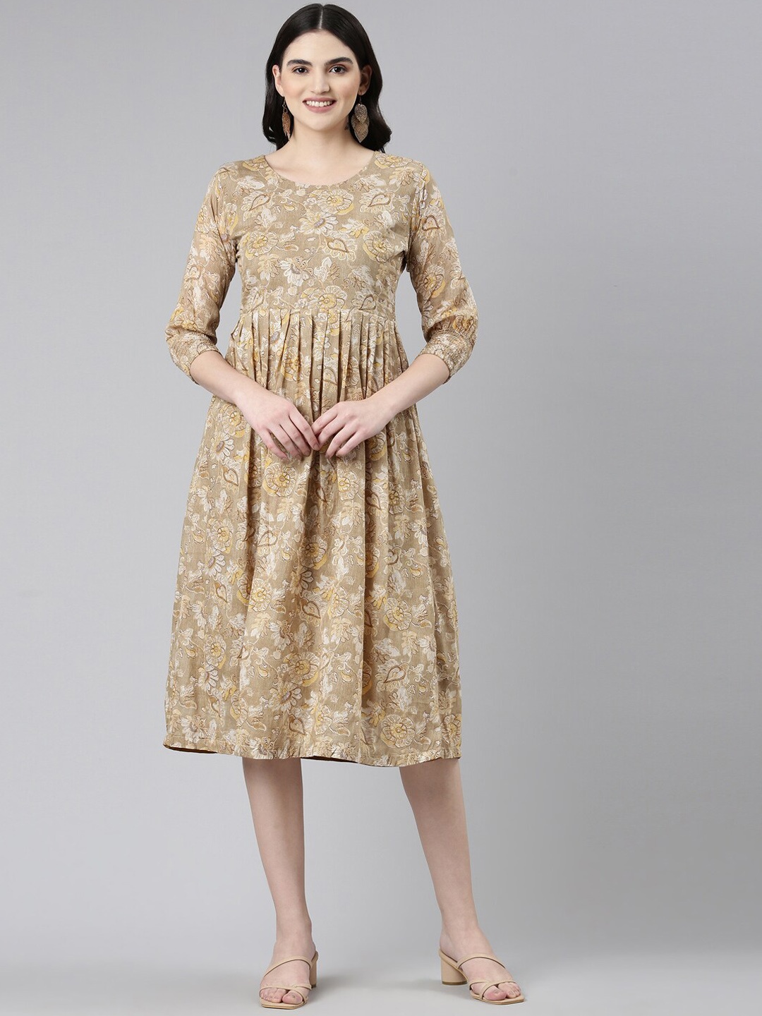 

GOLDSTROMS Floral Printed Midi Cotton Ethnic Dresses, Khaki