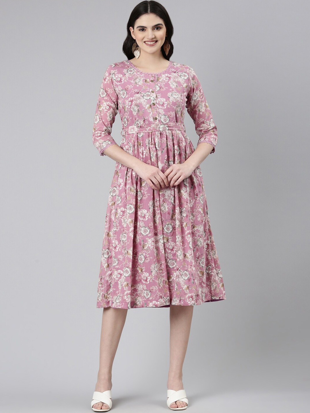 

GOLDSTROMS Floral Printed Cotton Fit & Flare Ethnic Dress, Pink