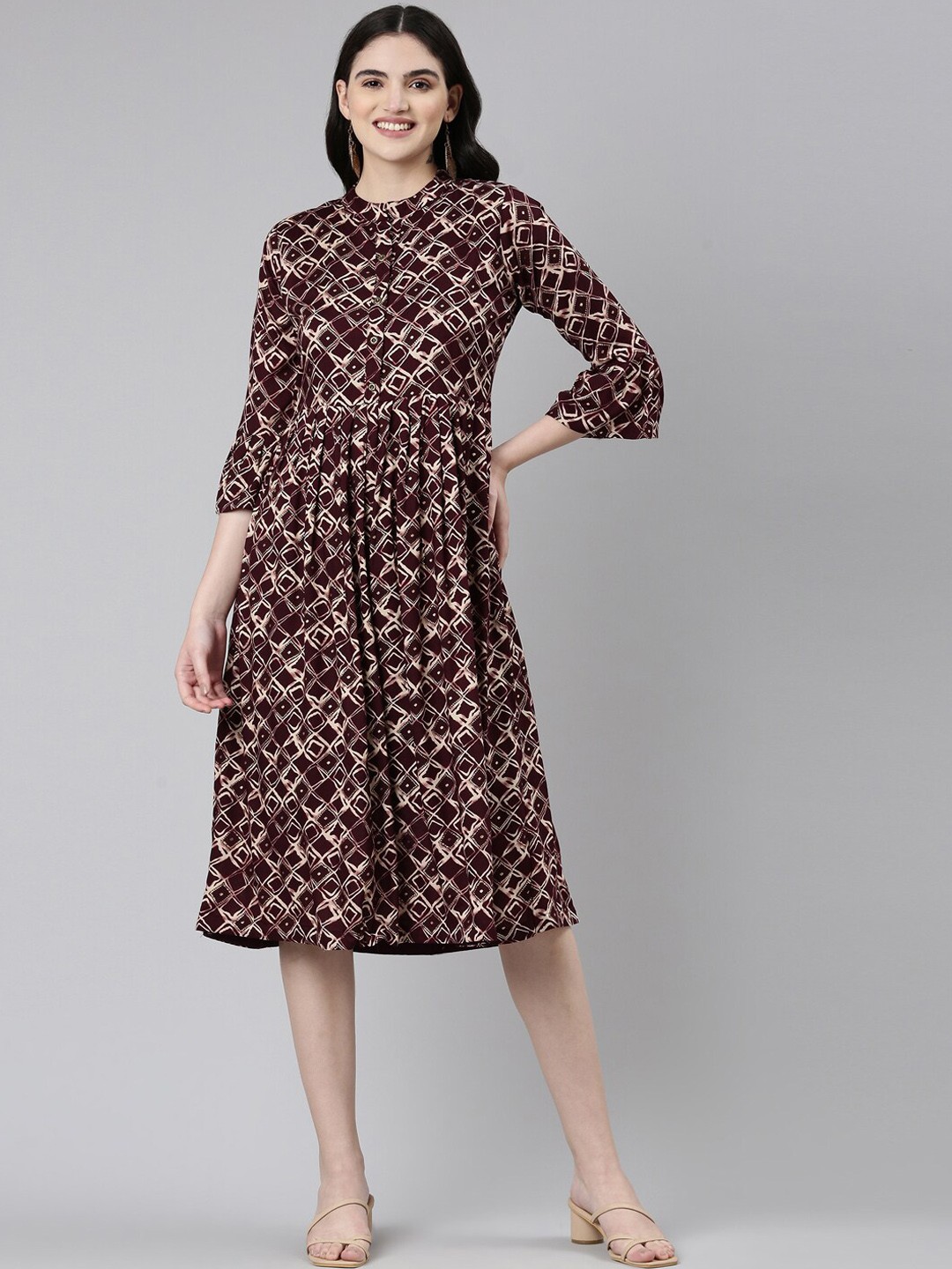 

GOLDSTROMS Geometric Printed Mandarin Collar A-Line Ethnic Dresses, Magenta
