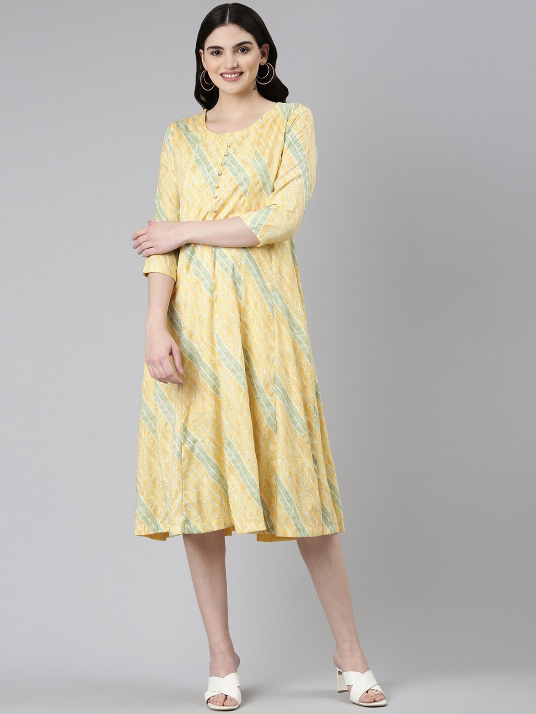 

GOLDSTROMS Striped Panelled Ethnic Dress, Yellow