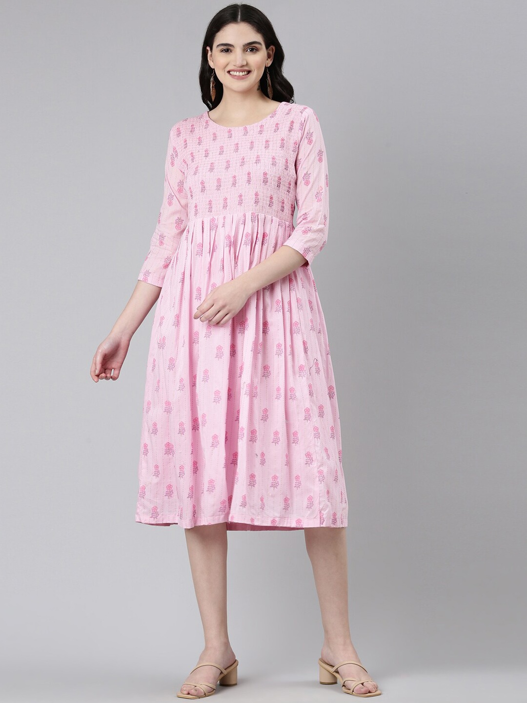 

GOLDSTROMS Floral Printed Cotton Smoking Round Neck Ethnic Dresses, Pink
