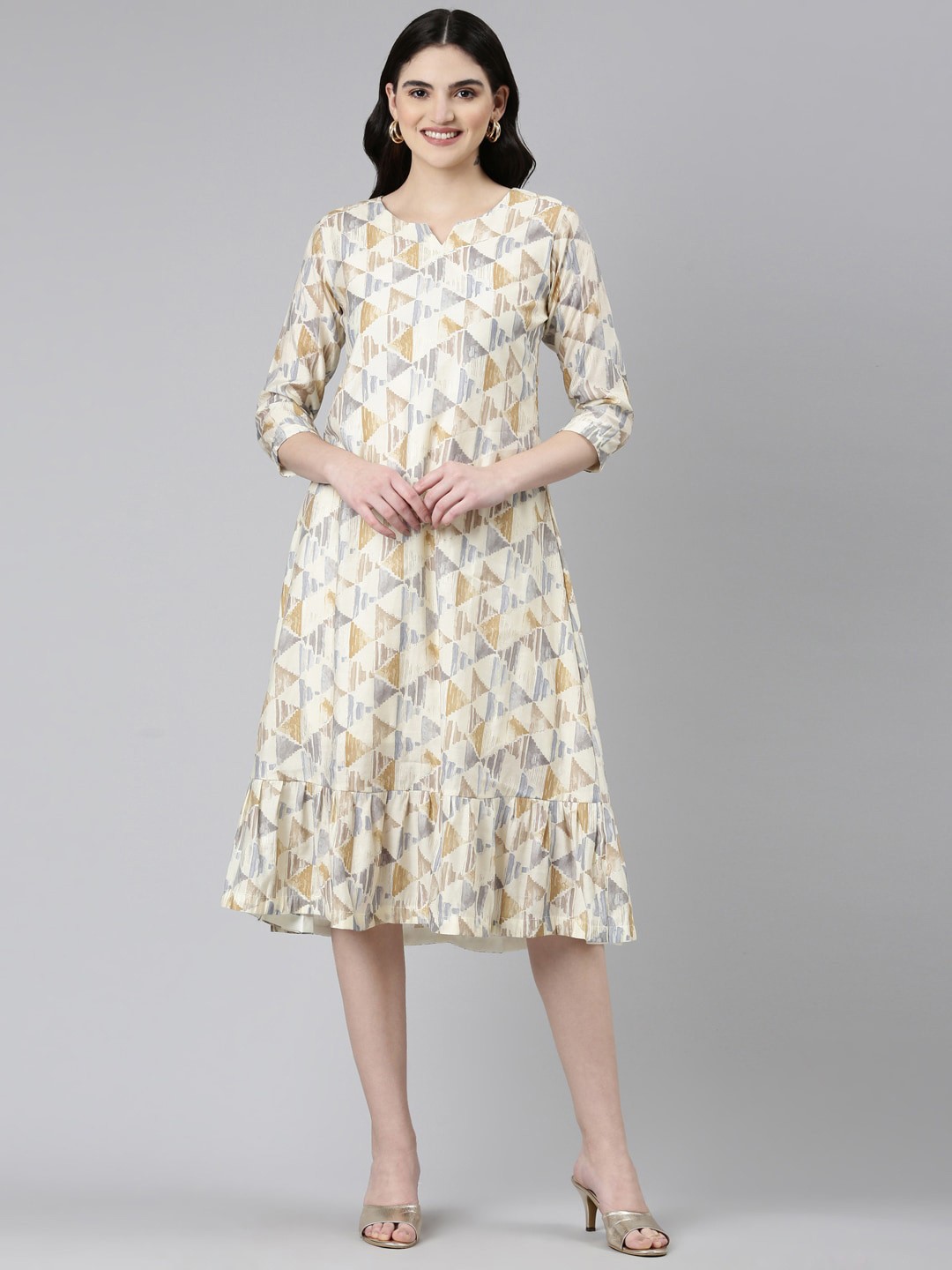 

GOLDSTROMS Geometric Printed Fit & Flare Ethnic Dress, Beige