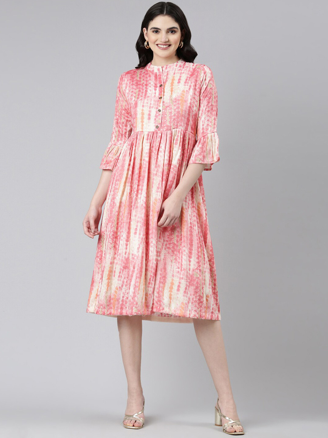 

GOLDSTROMS Abstract Printed Mandarin Collar Bell Sleeves Fit & Flare Ethnic Dress, Pink