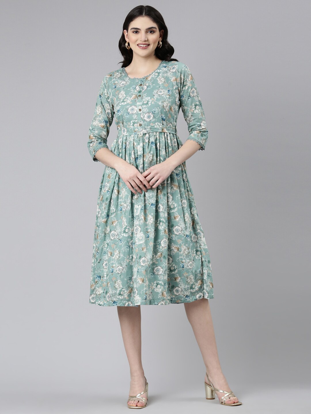 

GOLDSTROMS Floral Printed Cotton Fit & Flare Ethnic Dress, Sea green