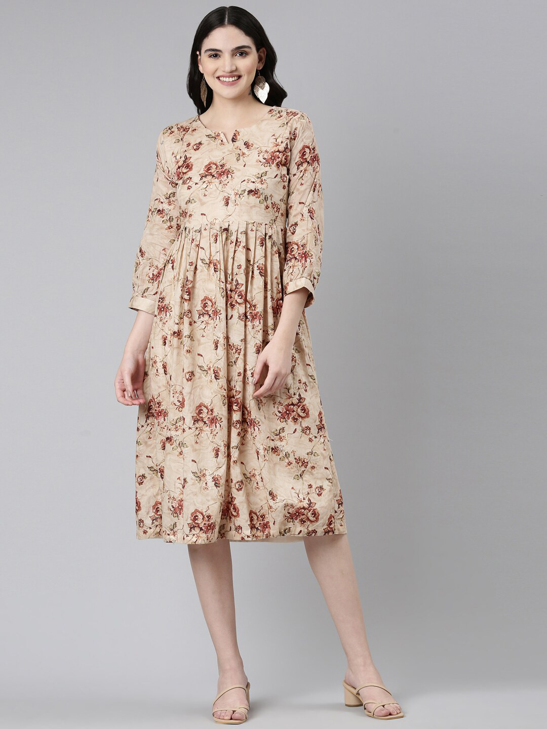 

GOLDSTROMS Floral Printed Notched Neck Pleated Cotton Ethnic Dress, Coffee brown