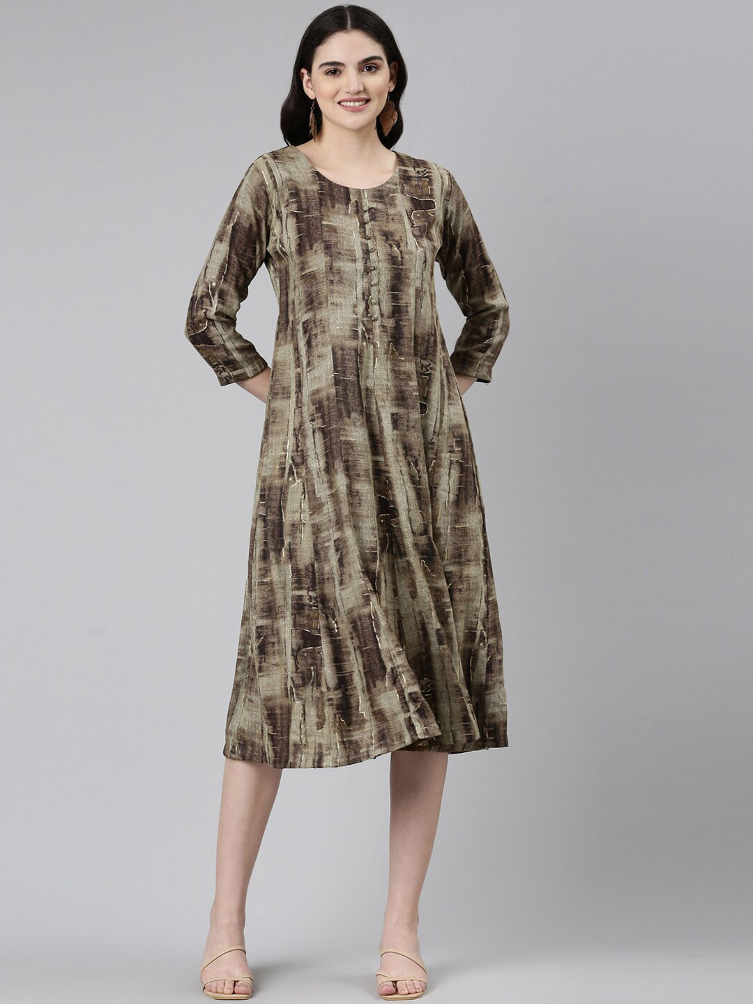 

GOLDSTROMS Abstract Printed A-Line Ethnic Dress, Coffee brown
