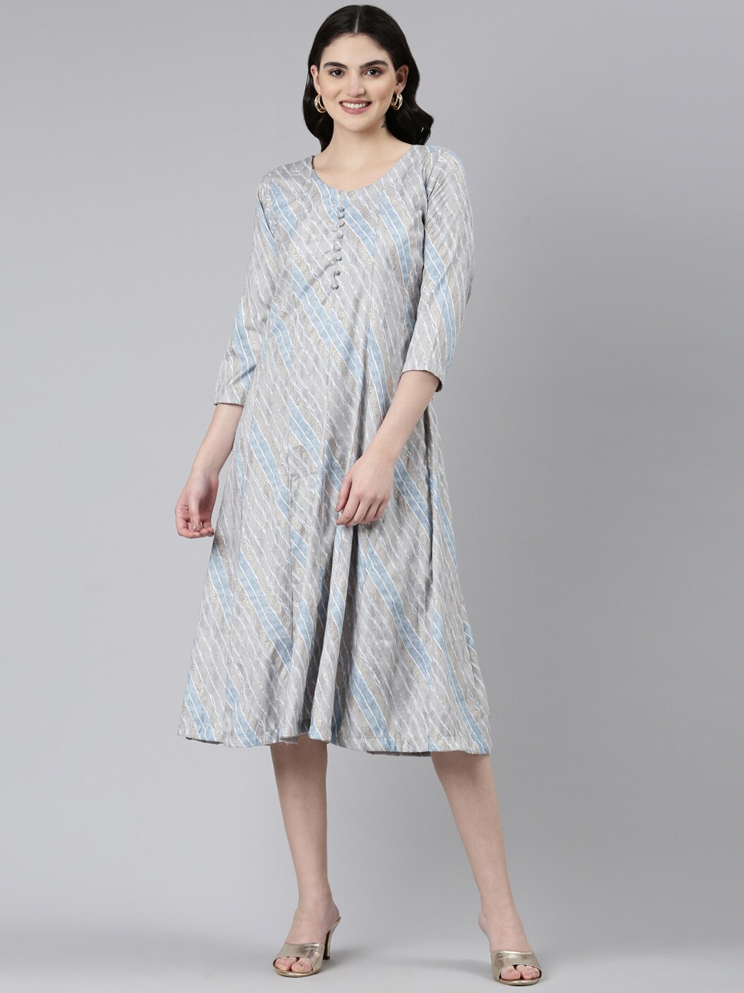 

GOLDSTROMS Striped A-Line Ethnic Dress, Grey