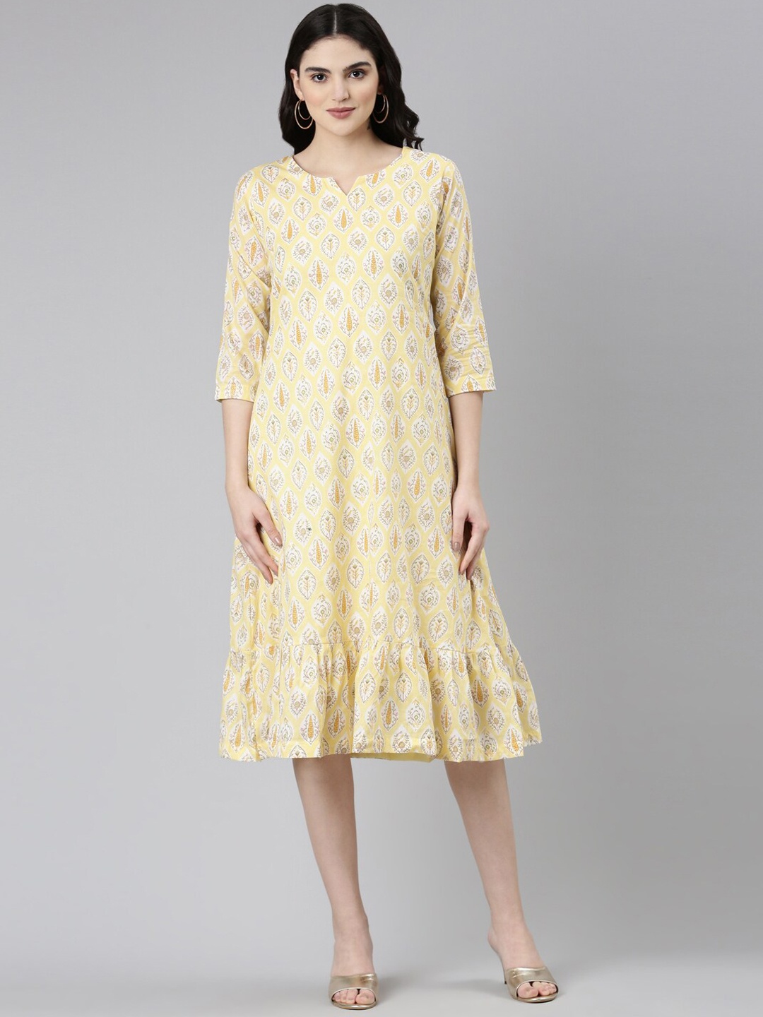

GOLDSTROMS Ethnic Motifs Printed Notched Neck Cotton Ethnic Dress, Yellow