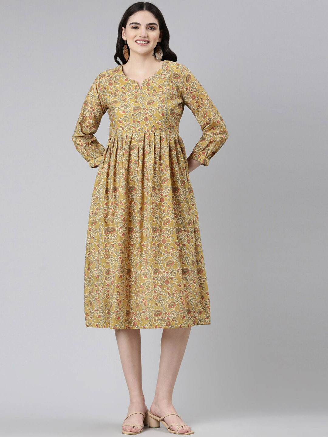 

GOLDSTROMS Floral Printed Notched Neck Pleated Georgette Ethnic Dress, Mustard