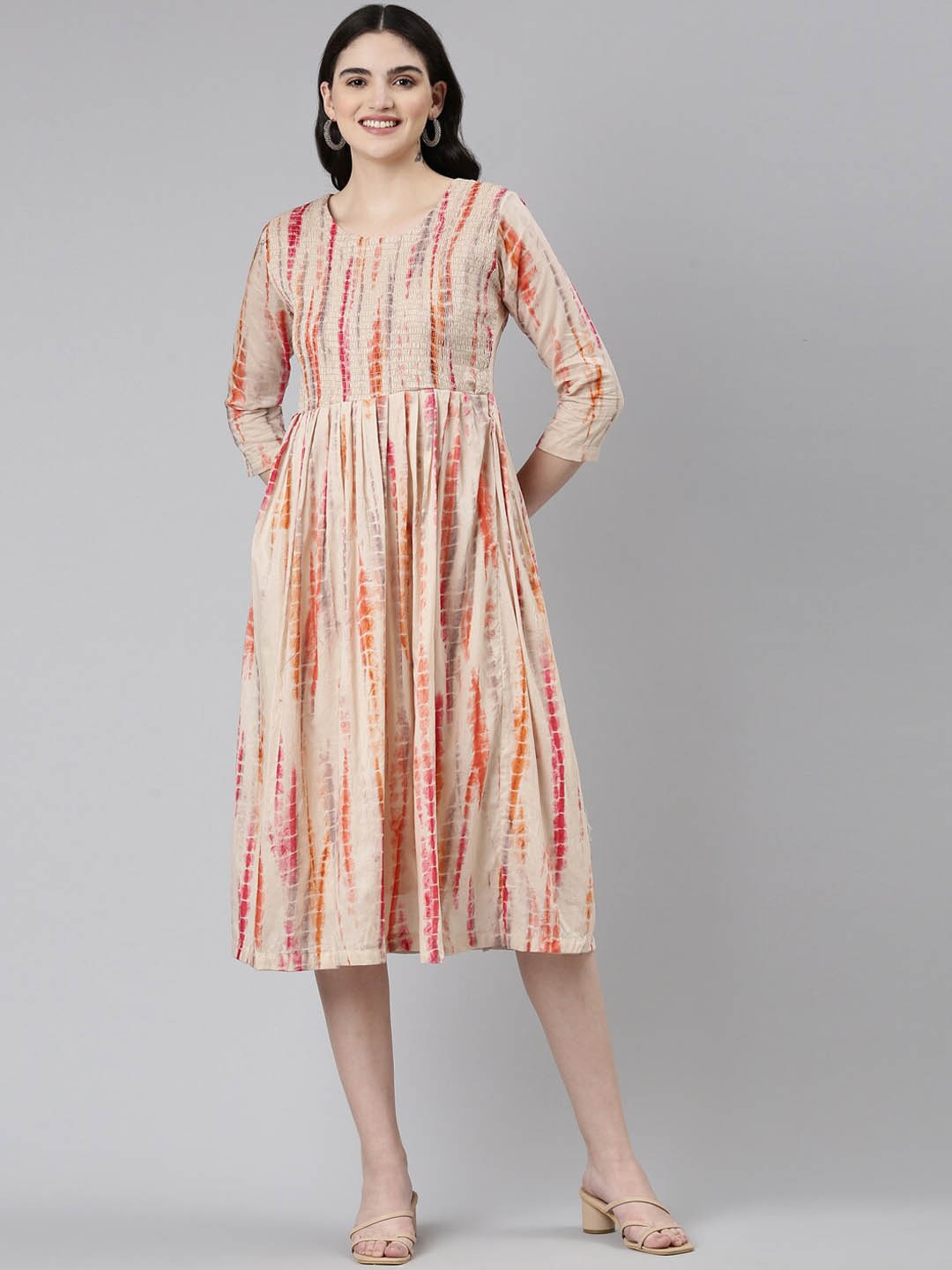 

GOLDSTROMS Printed Smoked Cotton Ethnic Dresses, Peach