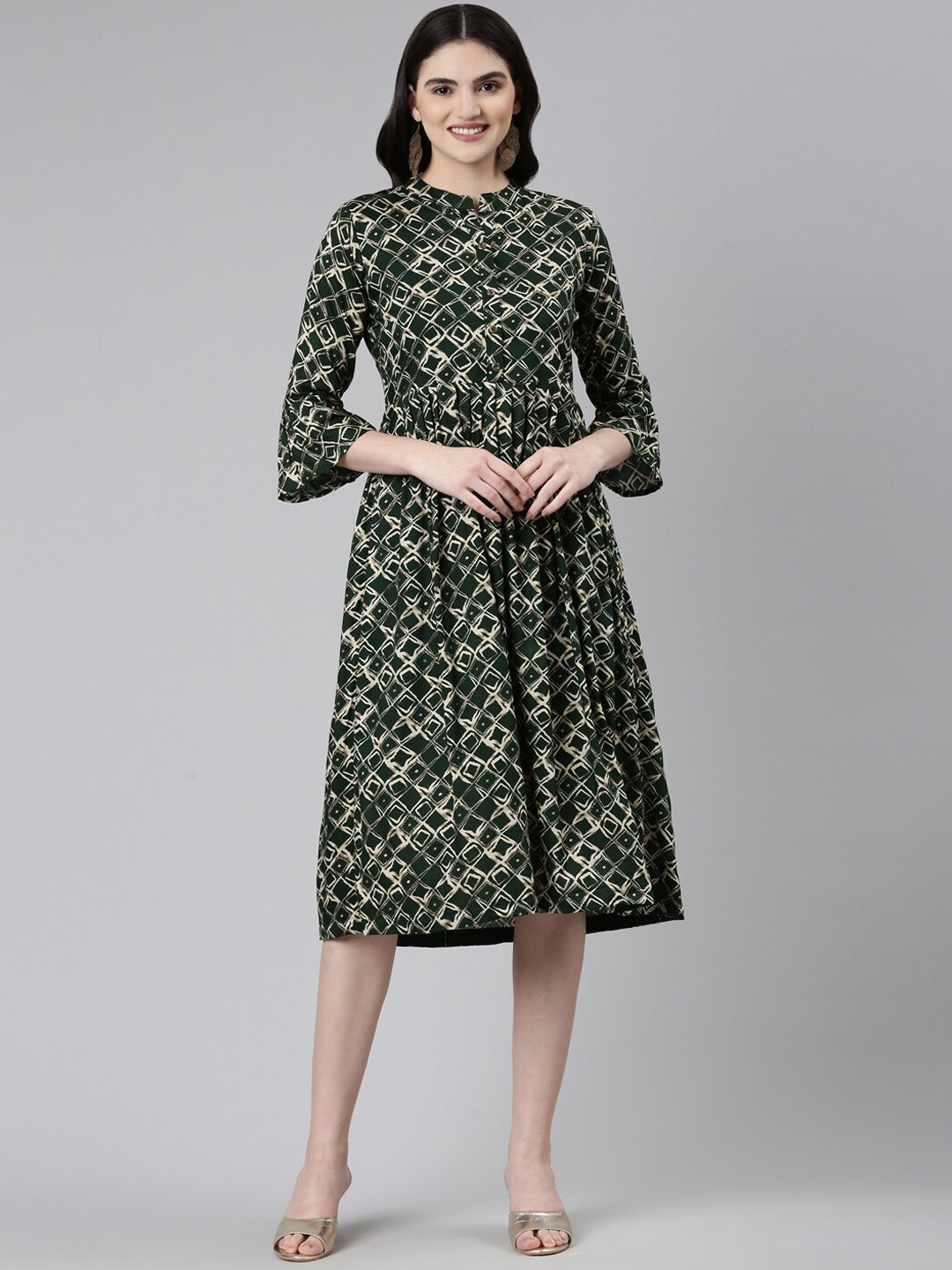 

GOLDSTROMS Geometric-Printed A-Line Ethnic Dress, Green