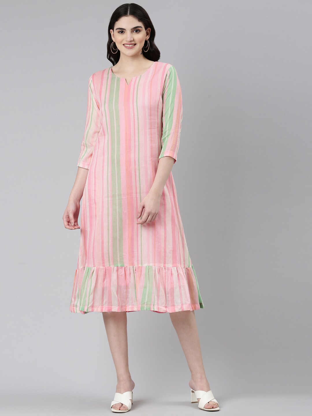 

GOLDSTROMS Striped Ruffles Detail Cotton Fit & Flare Ethnic Dress, Pink