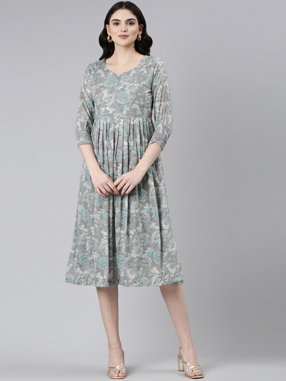 

GOLDSTROMS Floral Printed Cotton A-Line Ethnic Dress, Grey