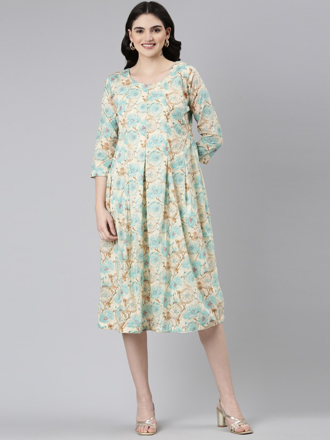 

GOLDSTROMS Floral Printed Cotton A-Line Ethnic Dress, Green