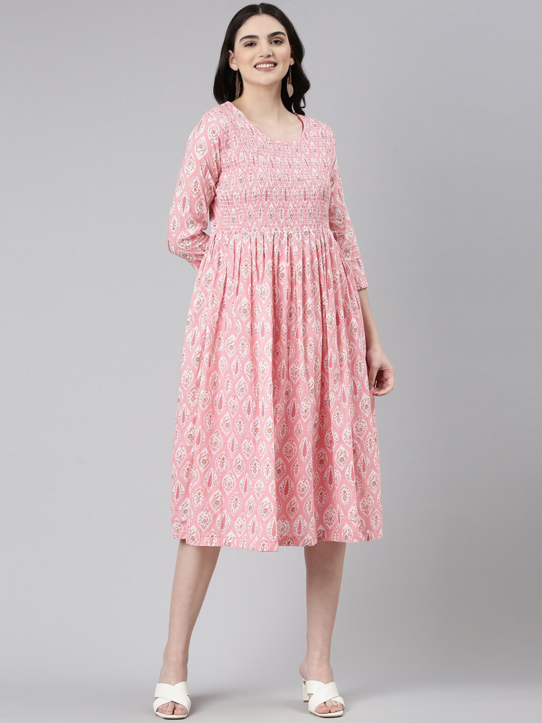 

GOLDSTROMS Ethnic Motif Smoked Cotton Ethnic Dresses, Pink