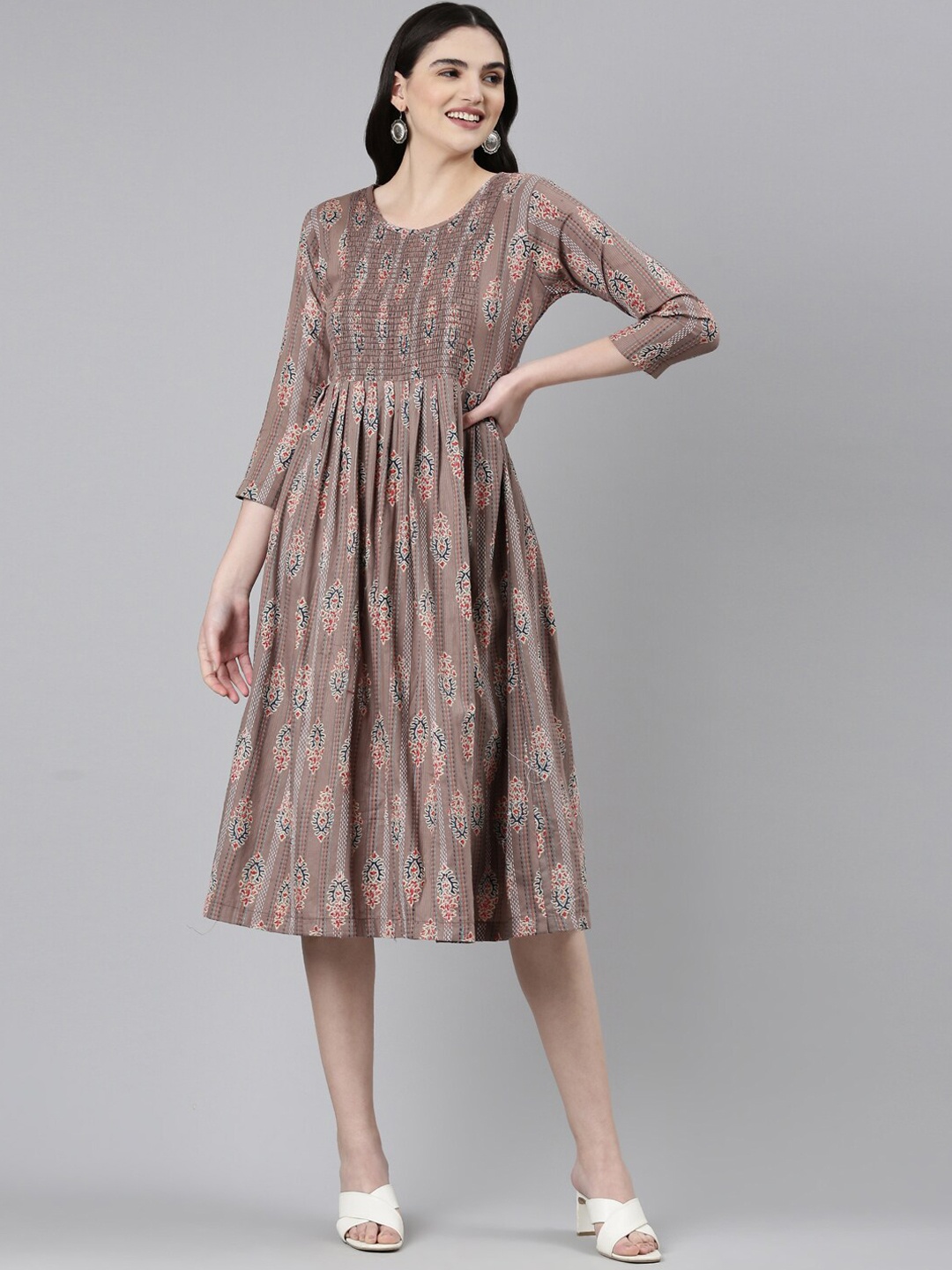 

GOLDSTROMS Floral Printed Cotton Ethnic Dresses, Coffee brown