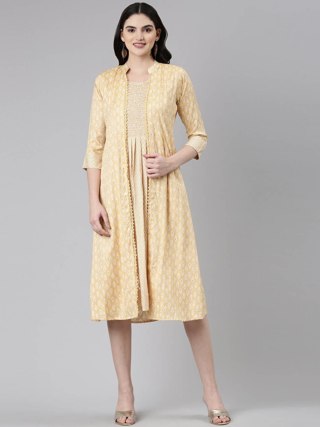 

GOLDSTROMS Ethnic Motifs Printed Smocked Ethnic Dress With Long Jacket, Yellow
