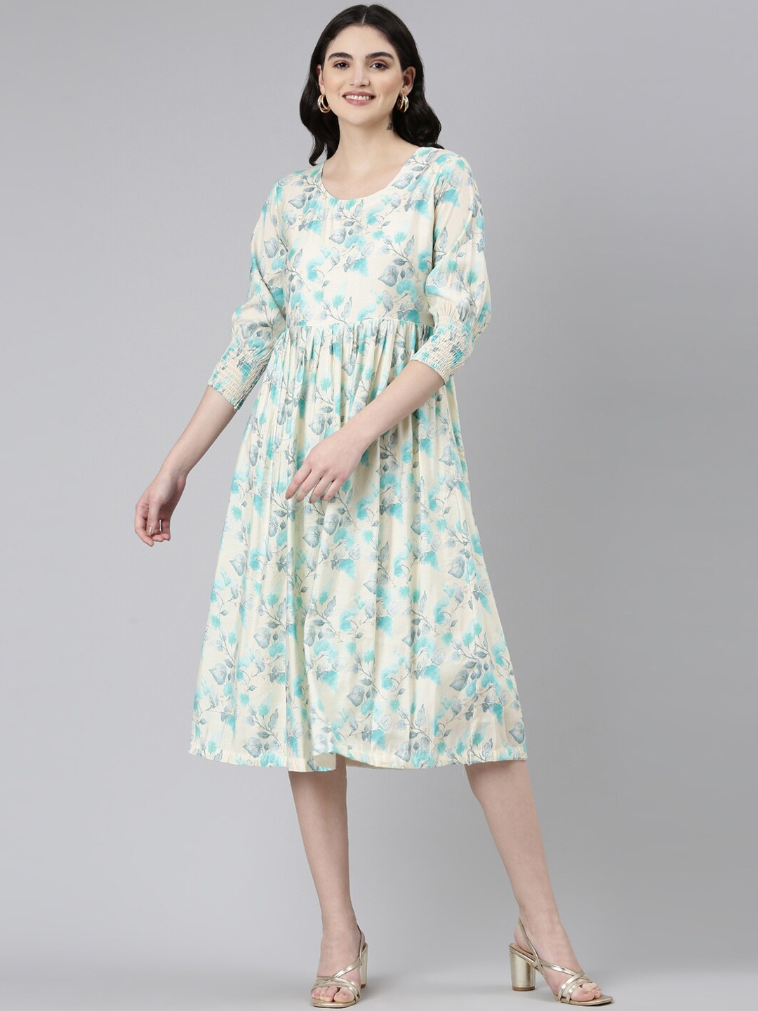

GOLDSTROMS Floral Printed Cotton Ethnic Dress, Sea green