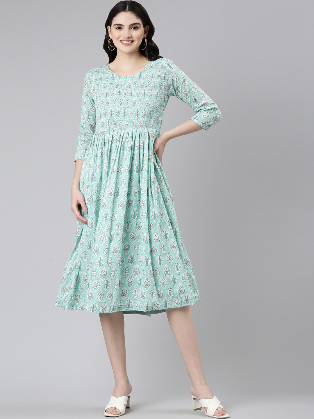 

GOLDSTROMS Floral Printed Smoking Ethnic Dress, Sea green