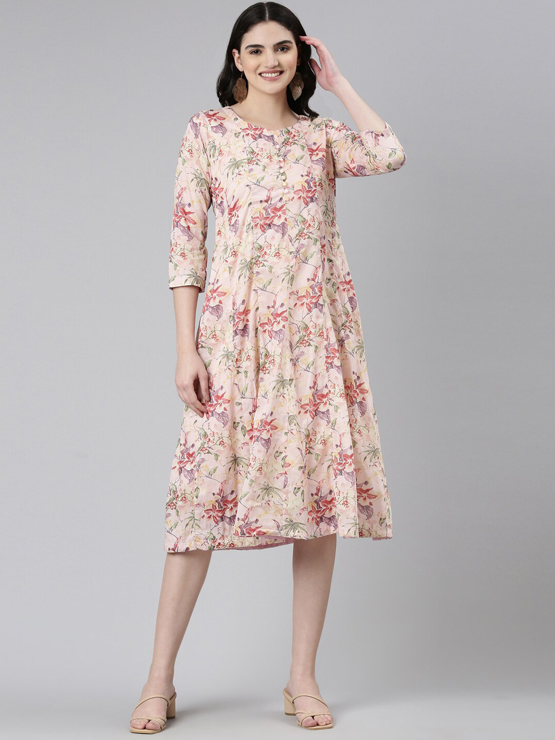 

GOLDSTROMS Floral Printed Cotton Ethnic Dresses, Peach