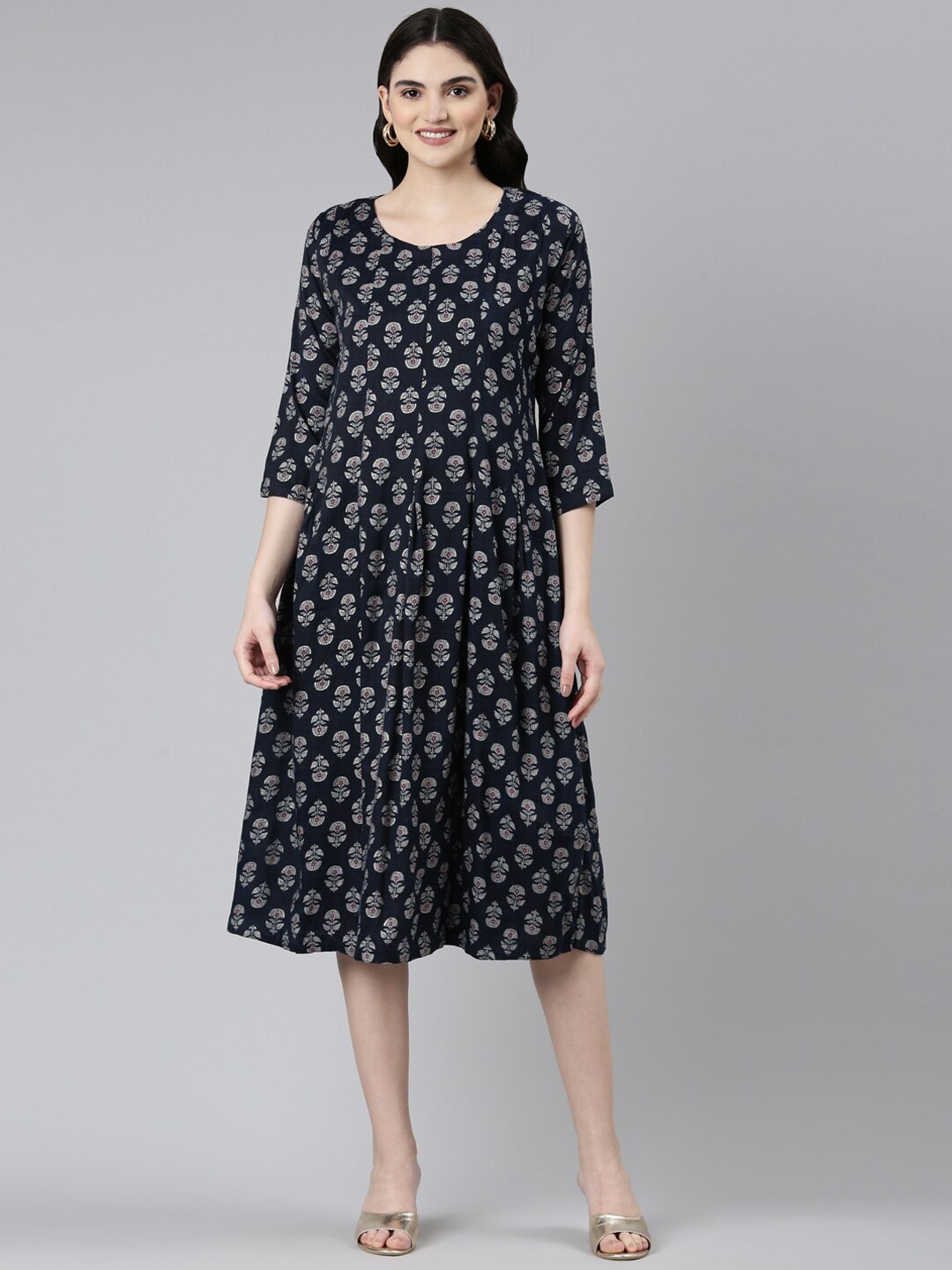 

GOLDSTROMS Floral Printed A-Line Ethnic Dress, Navy blue