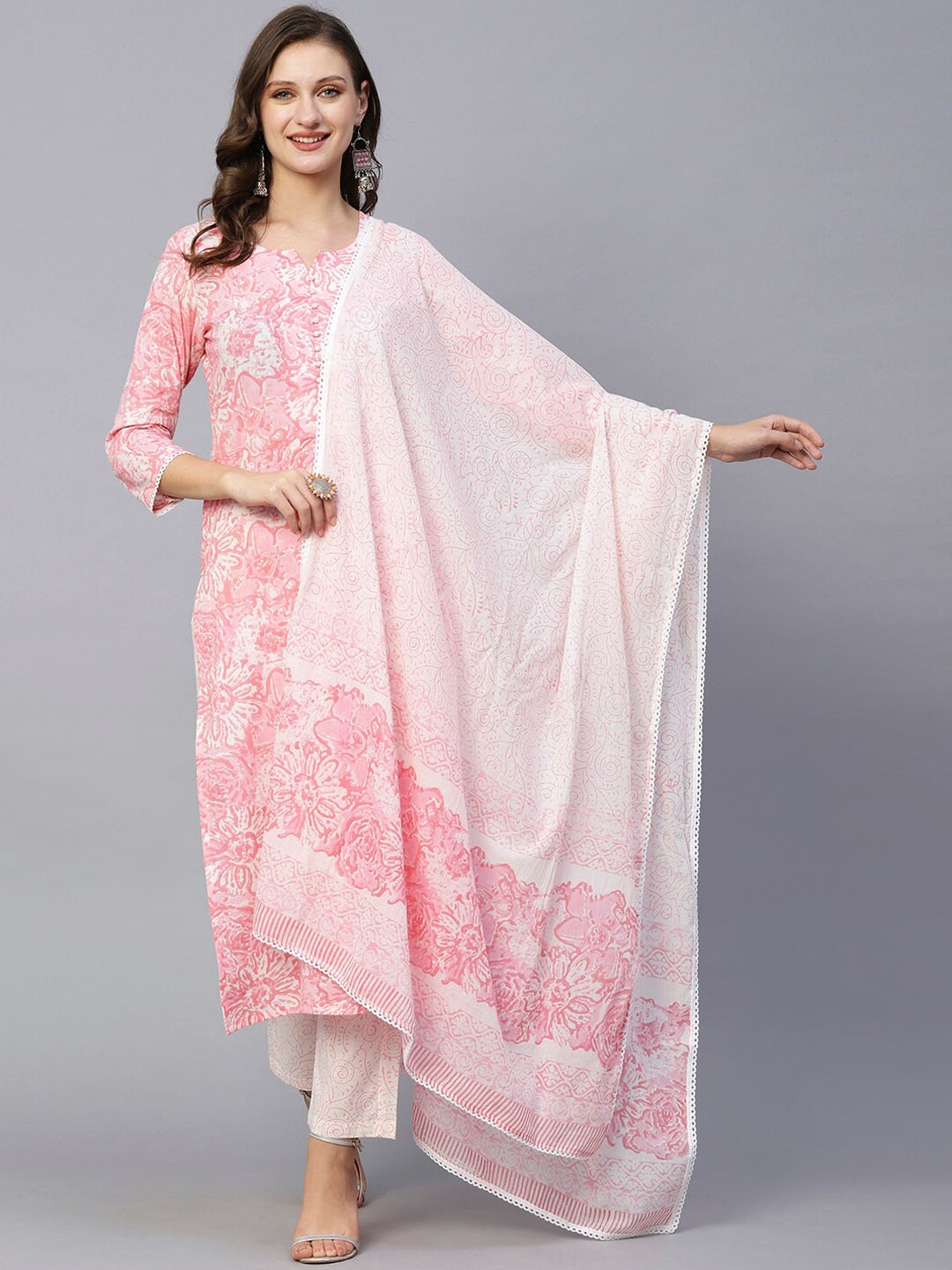 

KALINI Floral Printed Regular Kurta with Trousers & With Dupatta, Pink