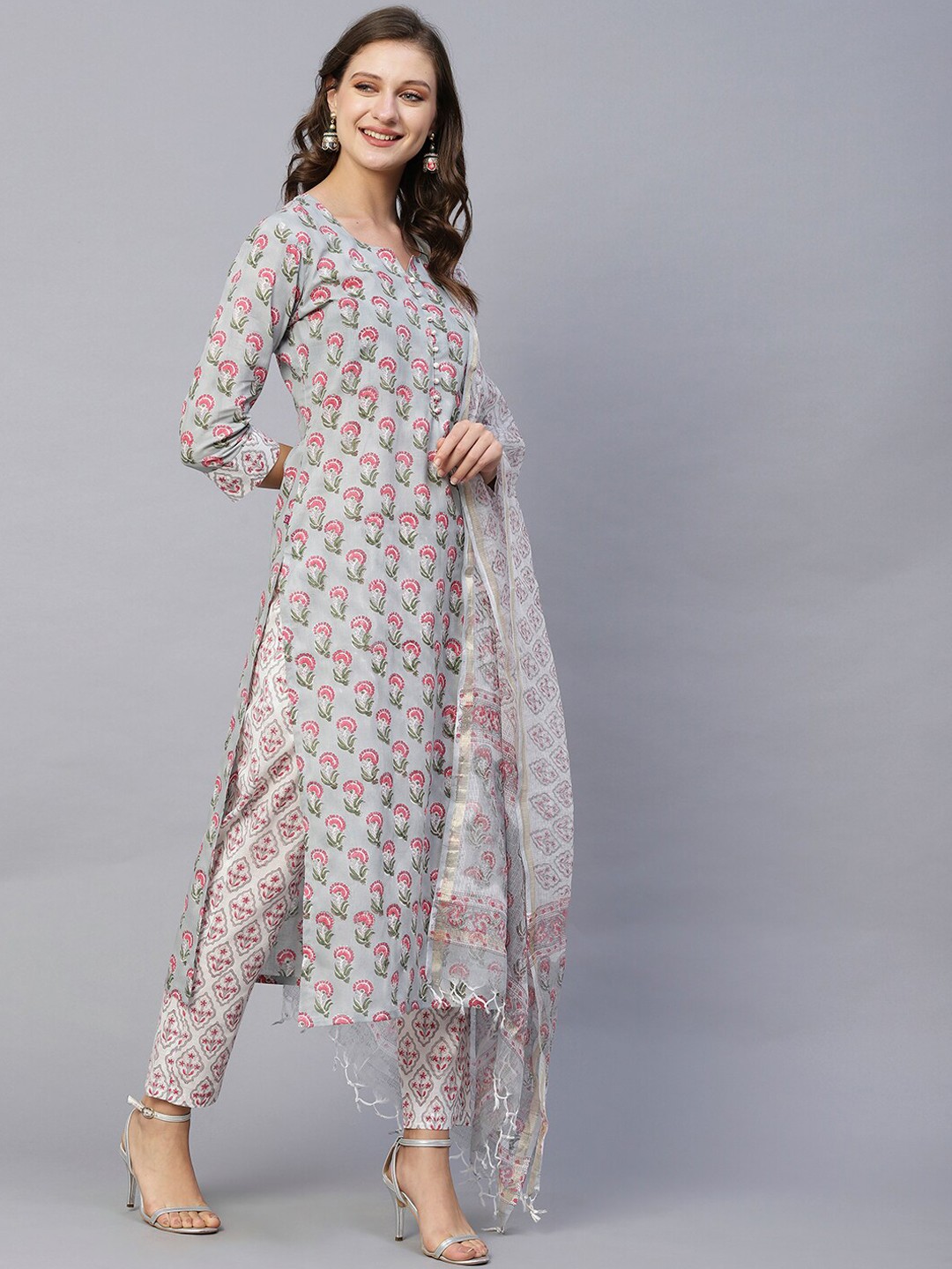 

KALINI Floral Printed Regular Kurta With Trousers & Dupatta, Grey