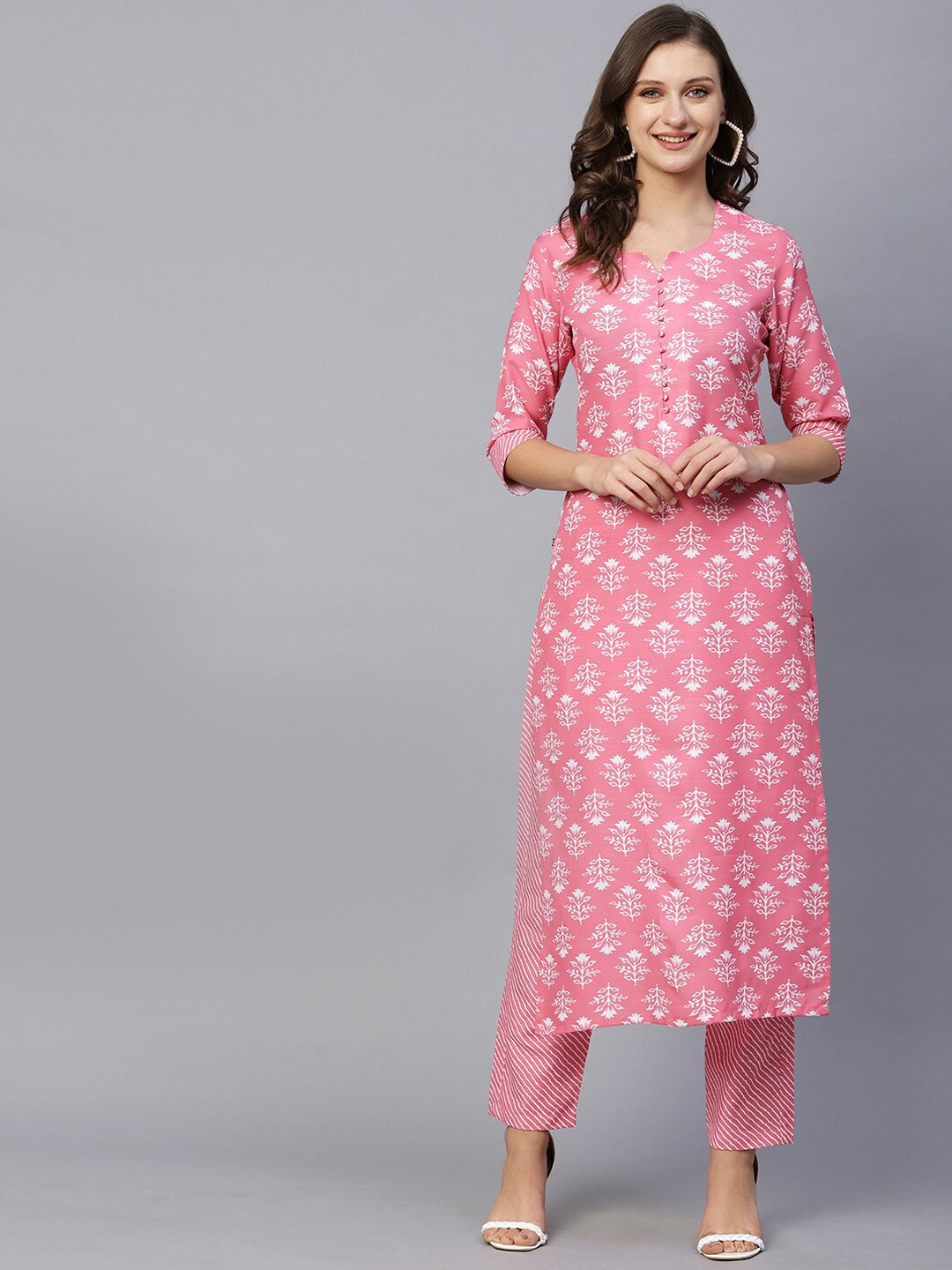 

KALINI Floral Printed Regular Kurta With Trousers, Pink