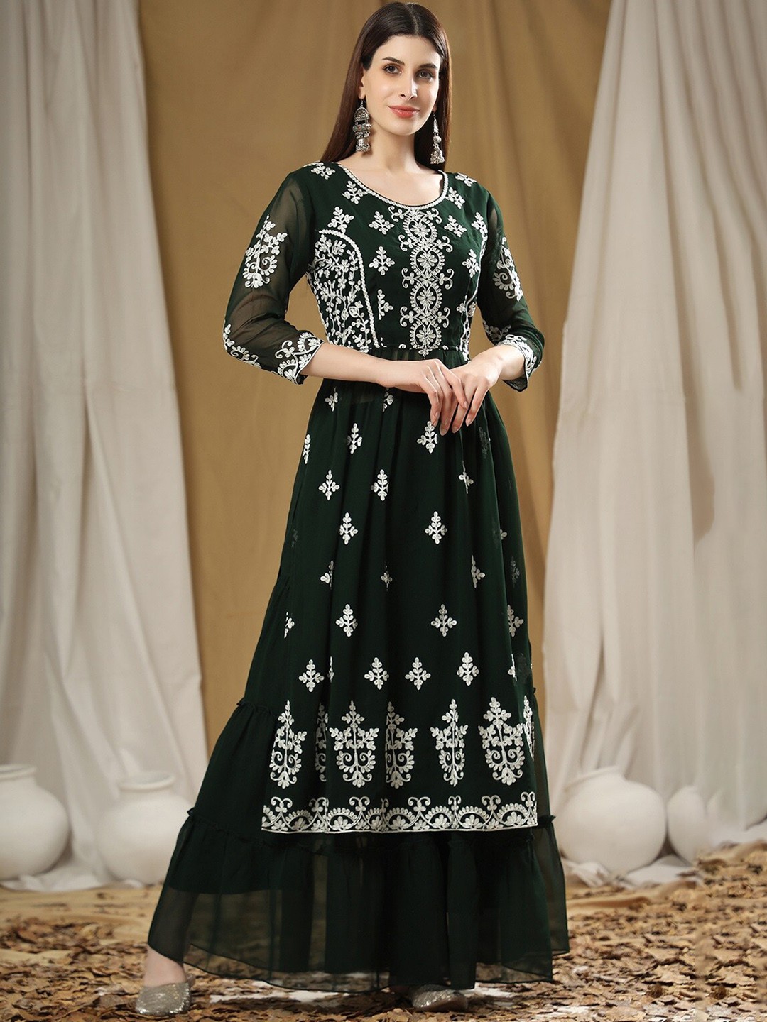 

KALINI Ethnic Motifs Embroidered Kurta with Sharara, Green