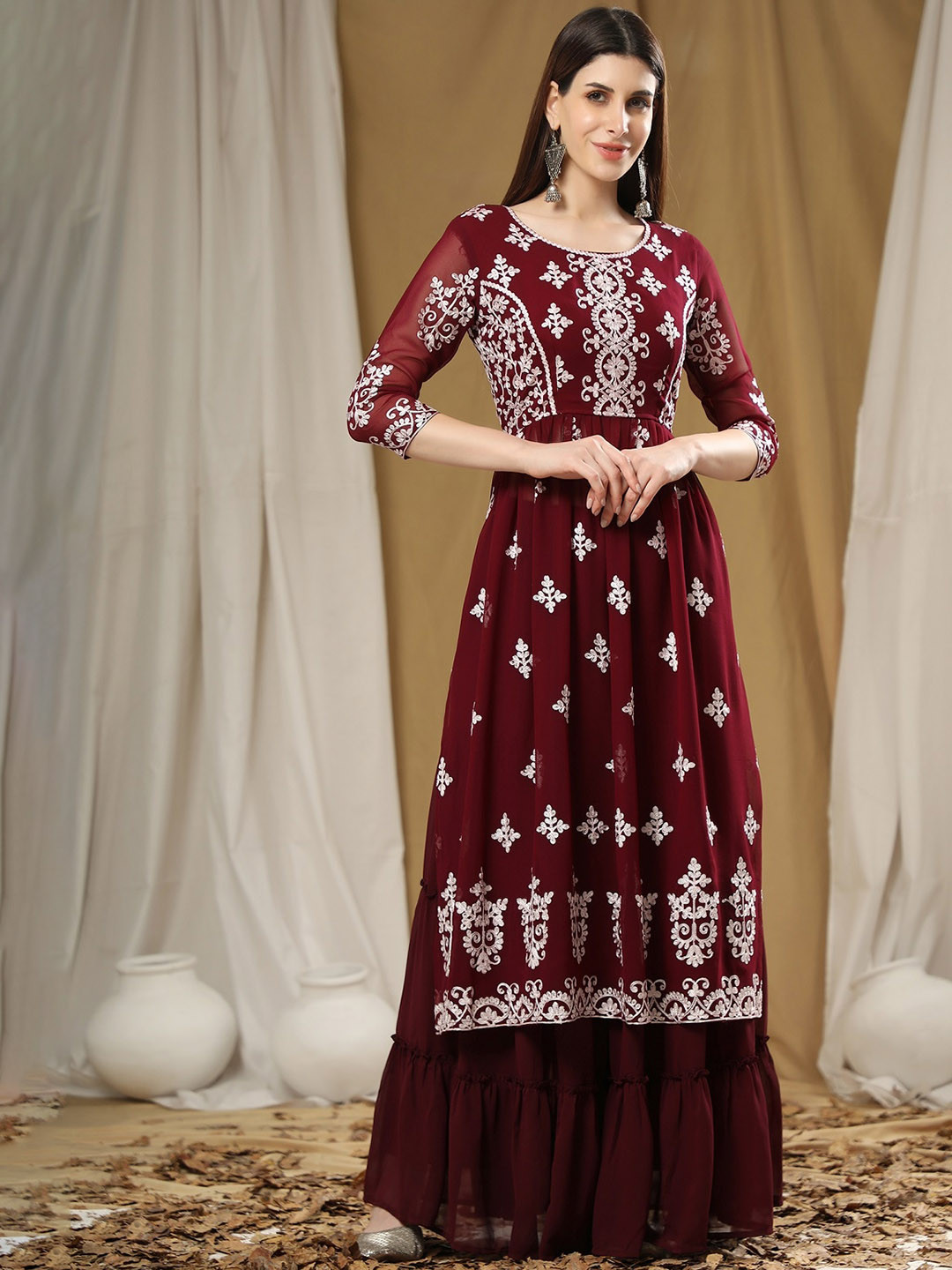 

KALINI Ethnic Motifs Embroidered Kurta With Sharara, Maroon