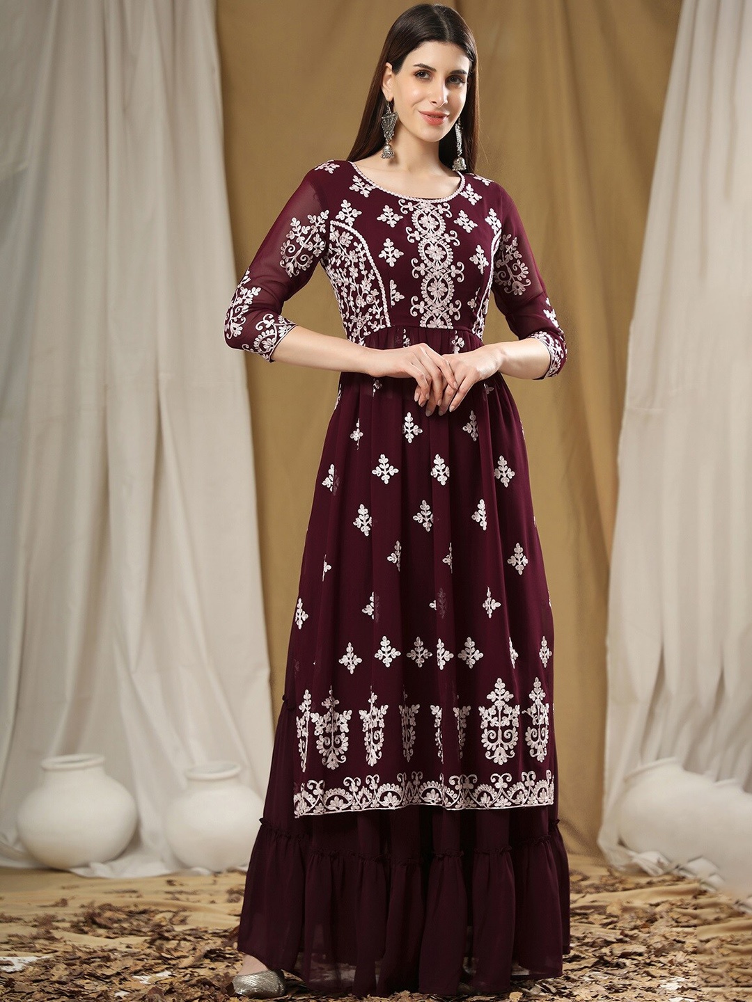 

KALINI Ethnic Motifs Embroidered Kurta With Sharara, Burgundy