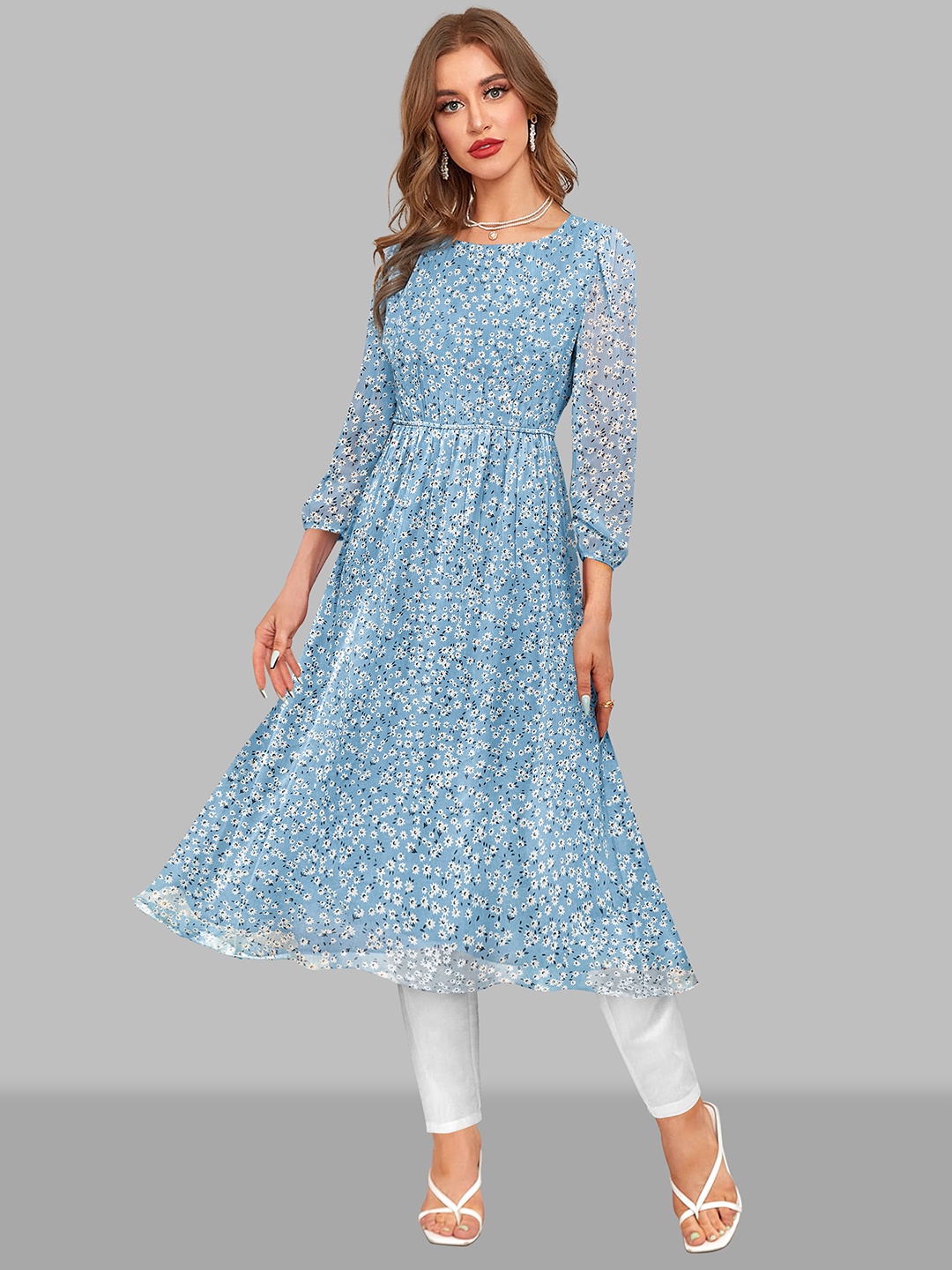 

KERI PERRY Floral Printed Georgette A-Line Kurta, Blue