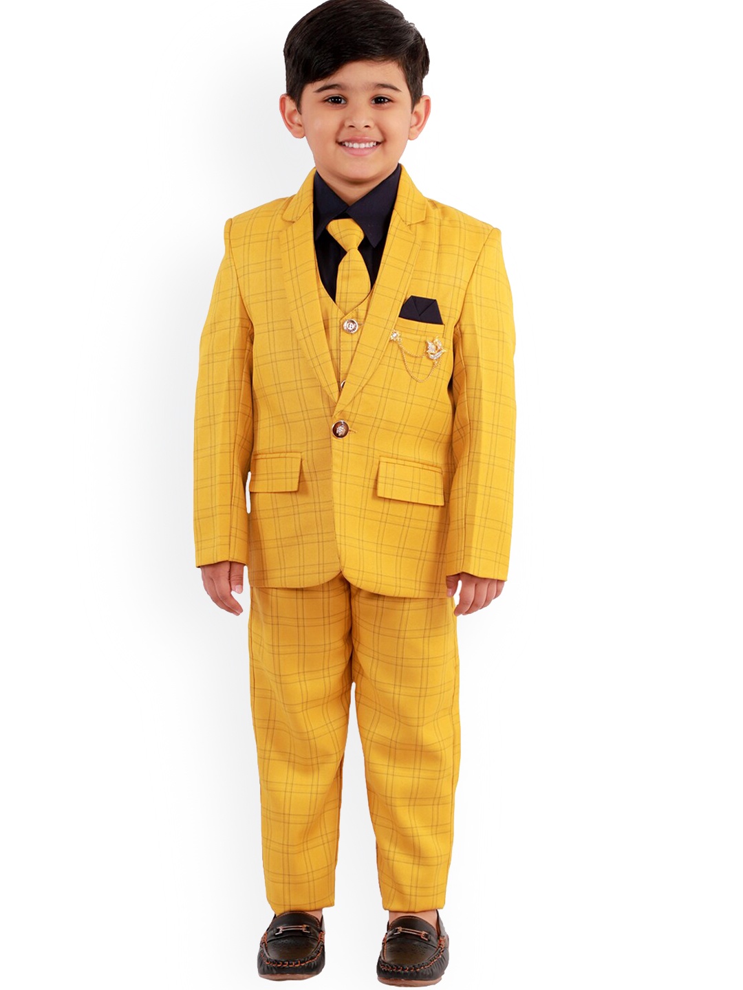 

BAESD Boys 5-Piece Checked Single-Breasted Suit, Mustard