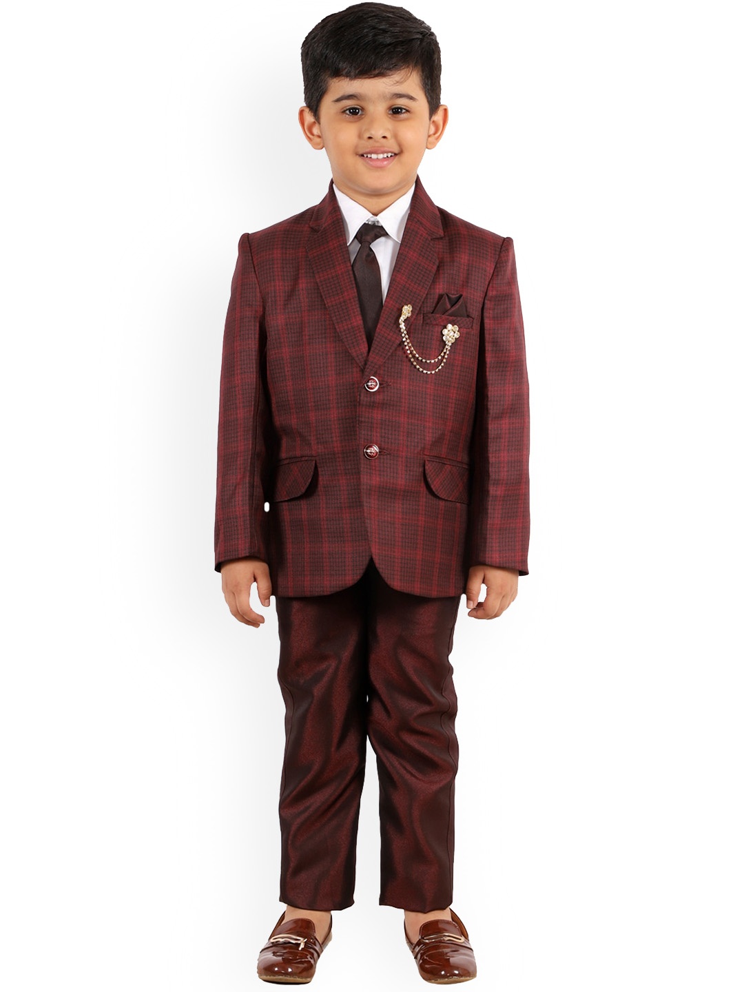 

BAESD Boys Checked Single-Breasted Four-Piece Suits, Maroon